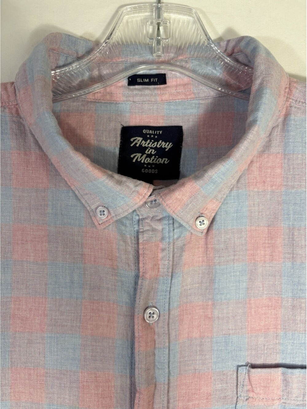 Artistry In Motion Goods Mens XXL Slim Fit Pink Blue Plaid Button Shirt
